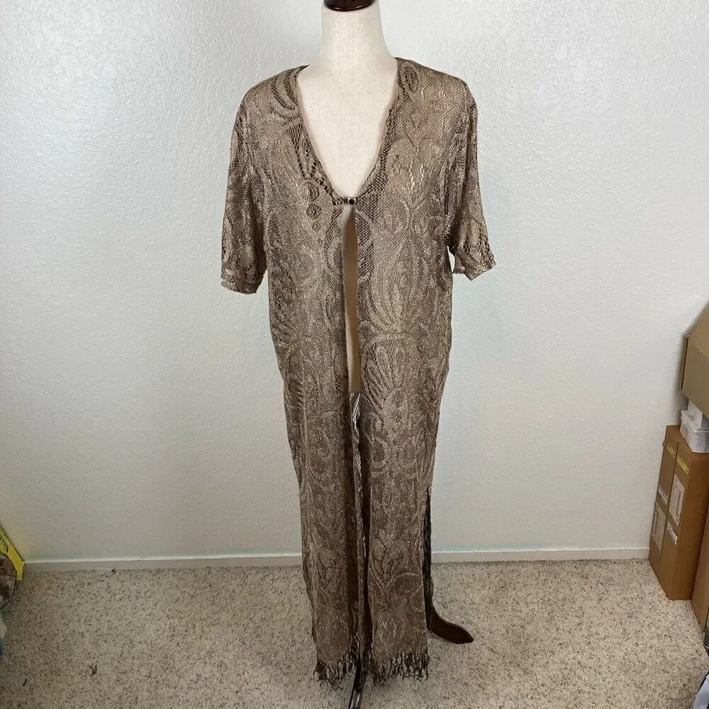 Vintage gold lace crochet short sleeve BoHo art deco fringe maxi long kimono 20*